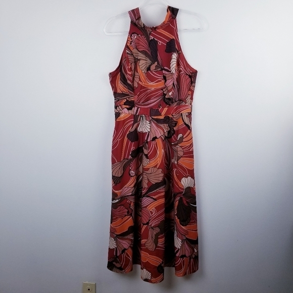 Tahari ASL High Tie Neck Sleeveless Multi Print Fit & Flare Satin Dress NWT - Picture 4 of 16